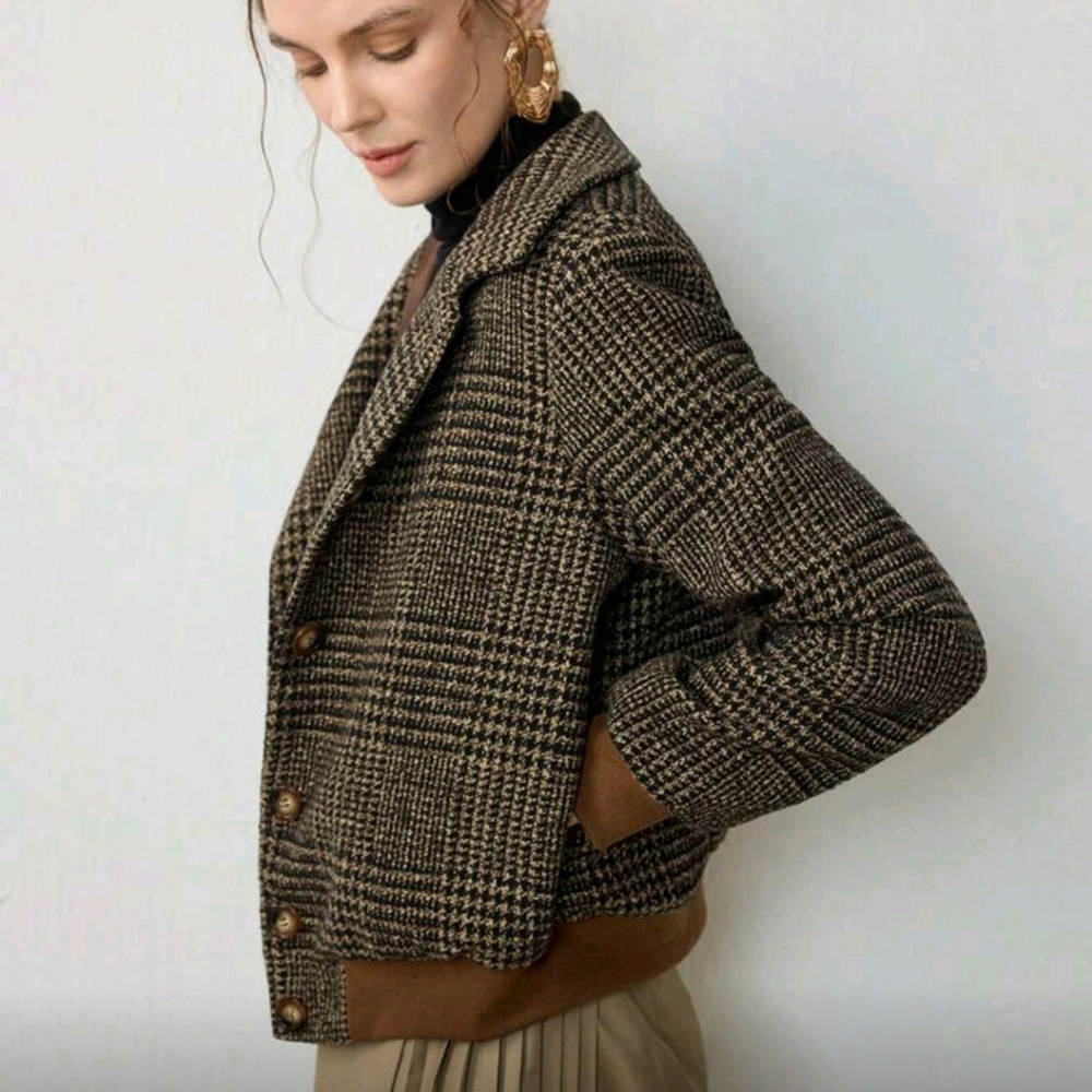 New Autumn/Winter Woven Turndown Collar Plaid Elegant Long Sleeve Casual Jacket - Picture 3 of 7